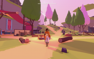 Le personnage du jeu près d'un campement au milieu de la forêt