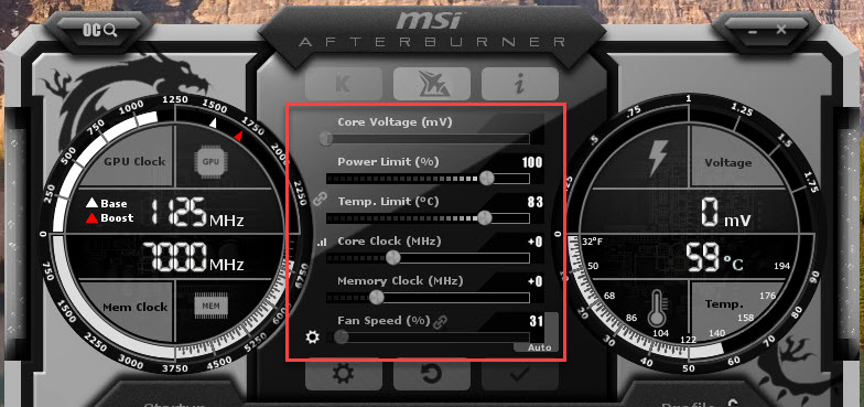MSI Afterburner Capture d'écran Overclocking