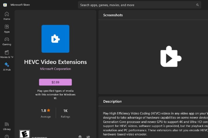 Liste des applications HEVC Video Extensions sur le Microsoft Store.