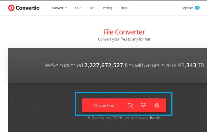 Sélectionnez Choisir des fichiers sur le site Web de Convertio.