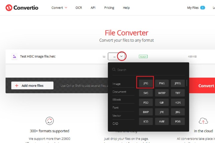 Sélectionner JPG sur le site de Convertio.