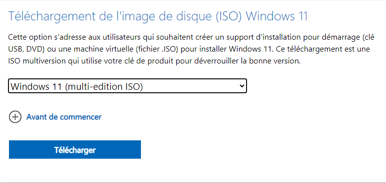 Capture d’écran Téléchargement Windows 11 ISO