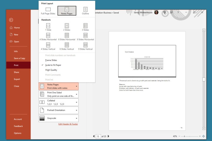 Pages de notes sélectionnées pour être imprimées dans PowerPoint.