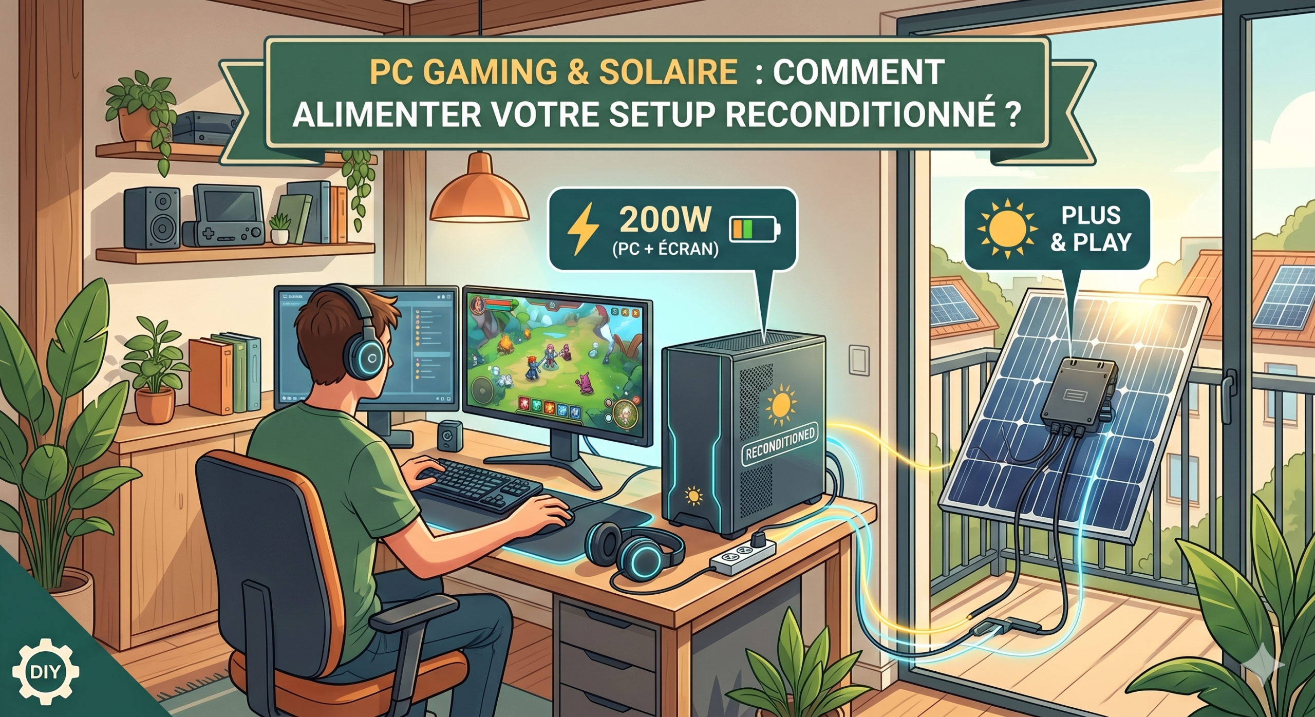 Config PC gamer recondtionné et panneau solaire plug & play