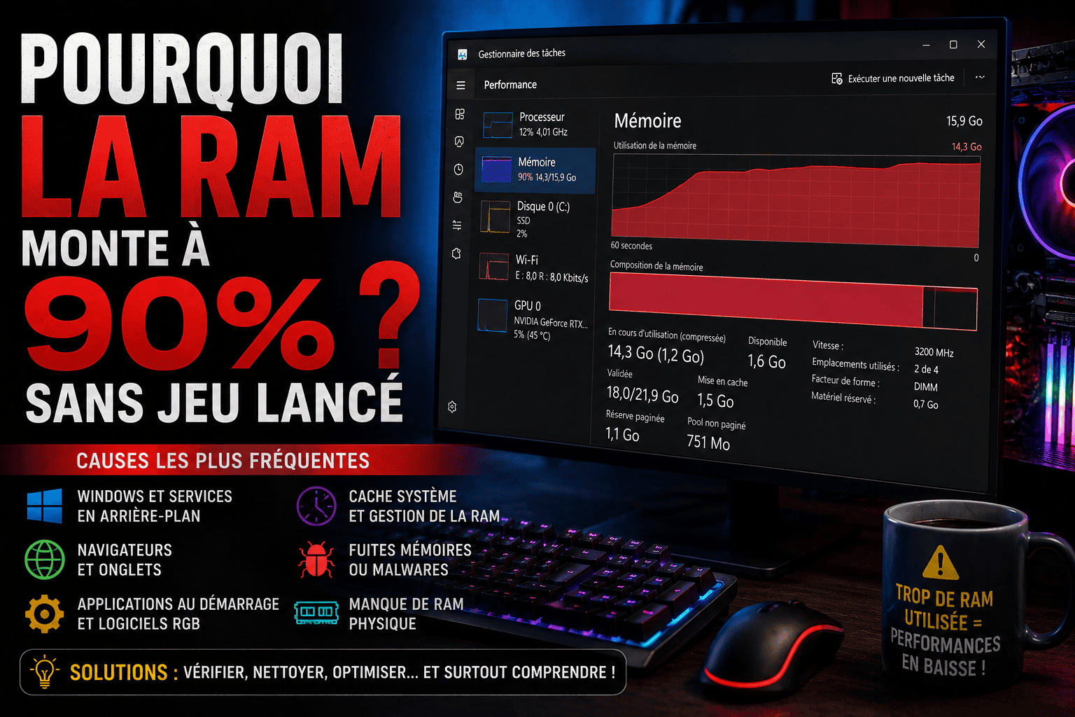 Pourquoi la RAM monte à 90 % sans jeu lancé